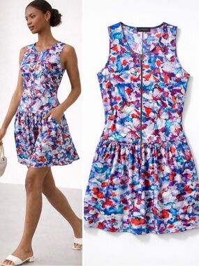 THEORY Achi Silk Perplexing Watercolor Zip Front Pocket Dress 6💛